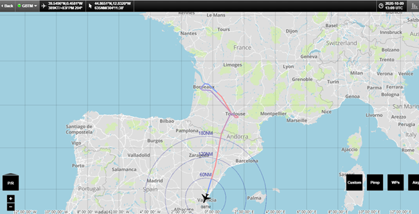 Plot showing the EMI flight trajectory and part of the flight to South of Spain