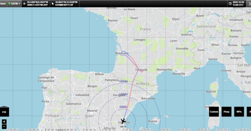 Plot showing the EMI flight trajectory and part of the flight to South of Spain